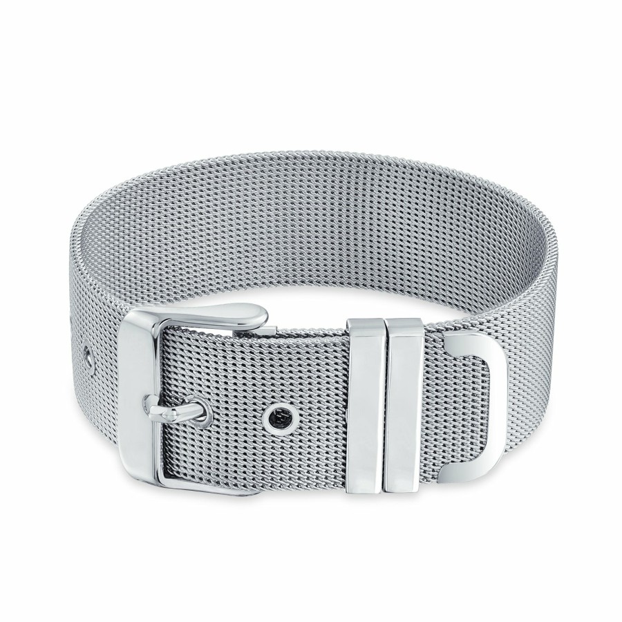 Shop Men Bling Jewelry Mens Bracelets & Id Bracelets | Wide Belt Buckle Mesh Wrist Band Bracelet Silver Tone Stainless Steel