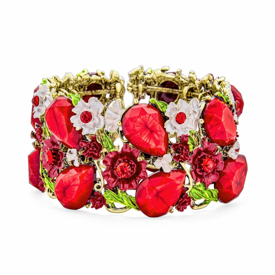 Shop Women Bling Jewelry Cuff Bangle Bracelets | Wide Red Crystal Flower Statement Cuff Bracelet Flexible Gold Plated