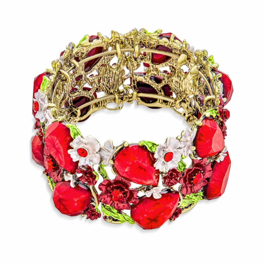 Shop Women Bling Jewelry Cuff Bangle Bracelets | Wide Red Crystal Flower Statement Cuff Bracelet Flexible Gold Plated