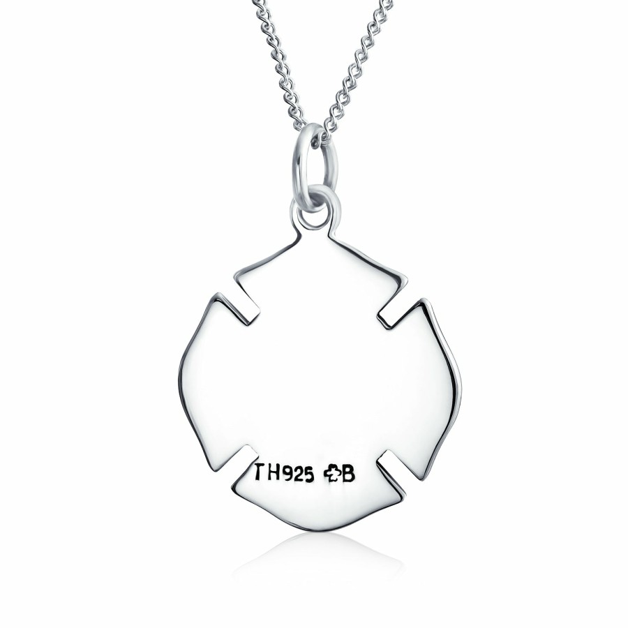 Shop Women Bling Jewelry Engravable Necklaces | Firefighter Fire Shield Medallion Cross Pendant .925 Sterling Silver