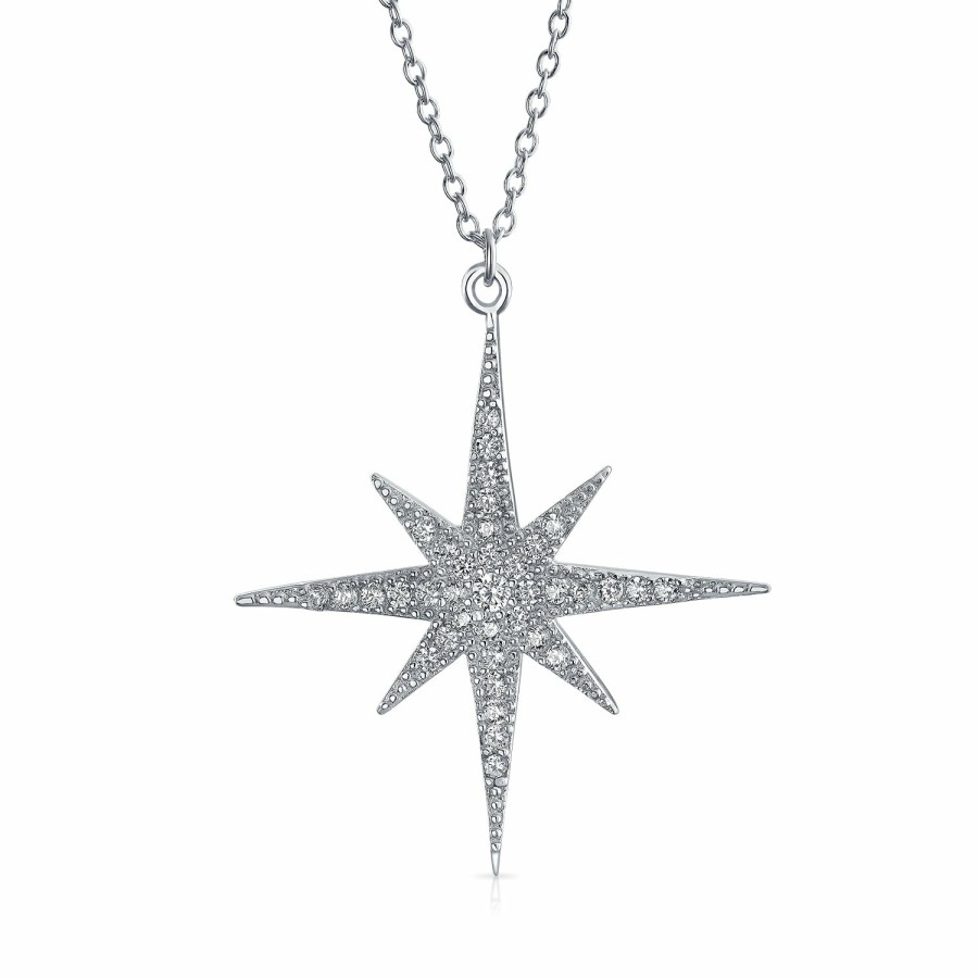 Shop Women Bling Jewelry Pendant Necklaces | Celestial 8-Point North Star Burst Pendant Necklace With Cz In Sterling