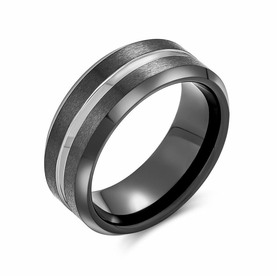 Shop Men Bling Jewelry Mens Engravable Rings | Silver Two Tone Center Couples Wedding Band Titanium Rings 8Mm Black