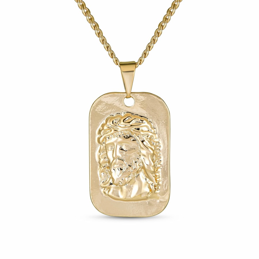 Shop Women Bling Jewelry Engravable Necklaces | Religious Metal Dog Tag Cross Jesus Christ Head Necklace Pendant Plated