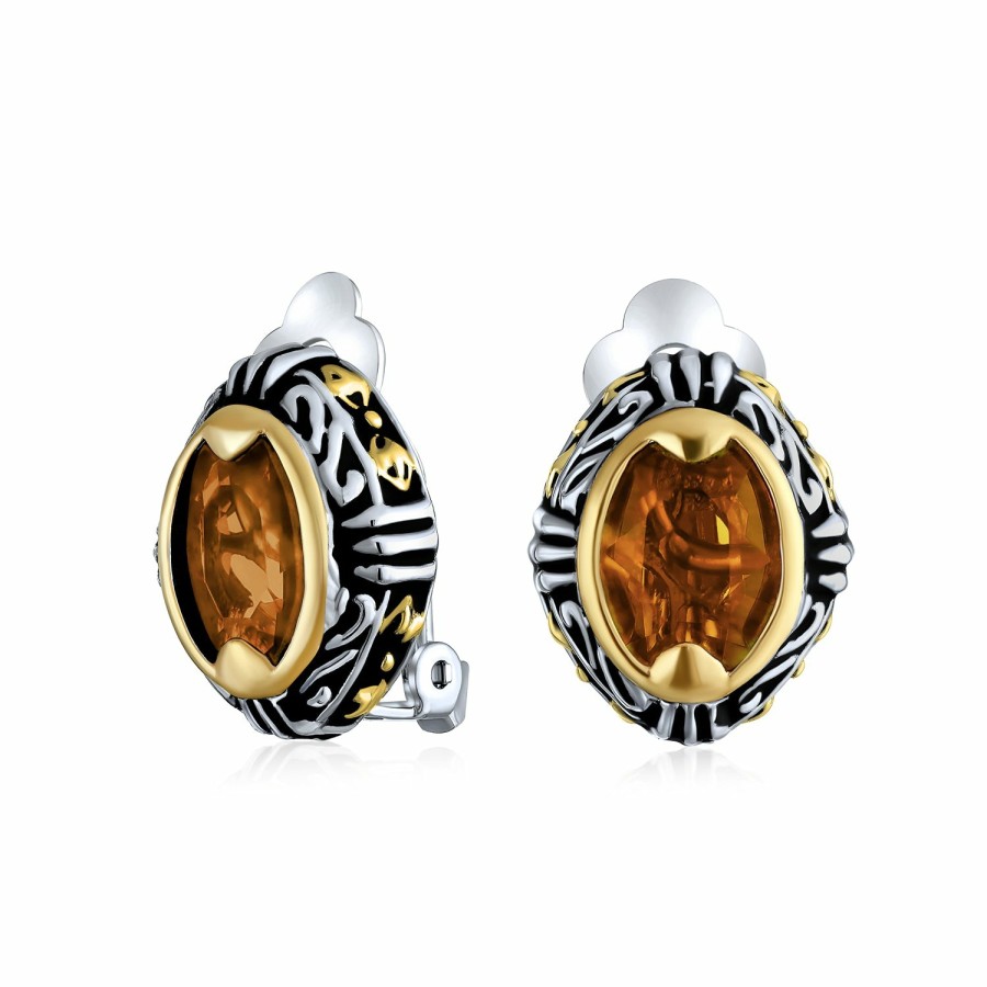 Shop Women Bling Jewelry Clip On Earrings | Bali Style Crystal Oval Two Tone Clip On Earrings Imitation Gemstone