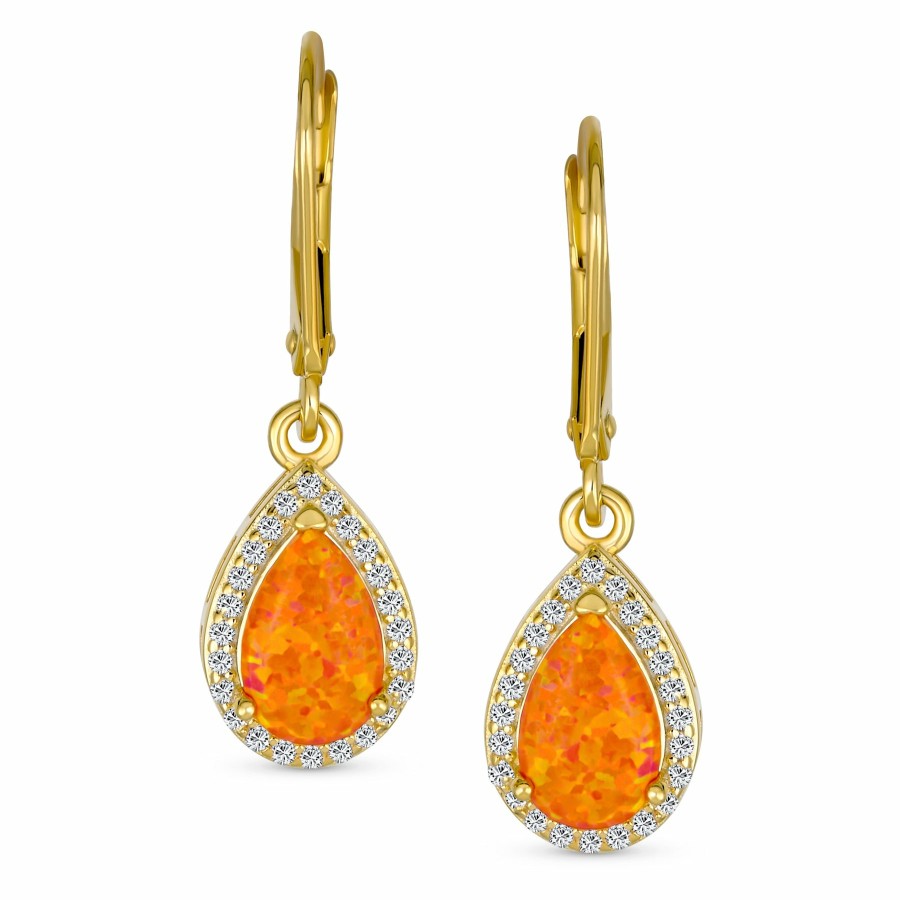 Shop Women Bling Jewelry Dangle Drop Earrings | Orange Opal Halo Pave Cz Round Drop Earrings Gold Plated .925 Silver