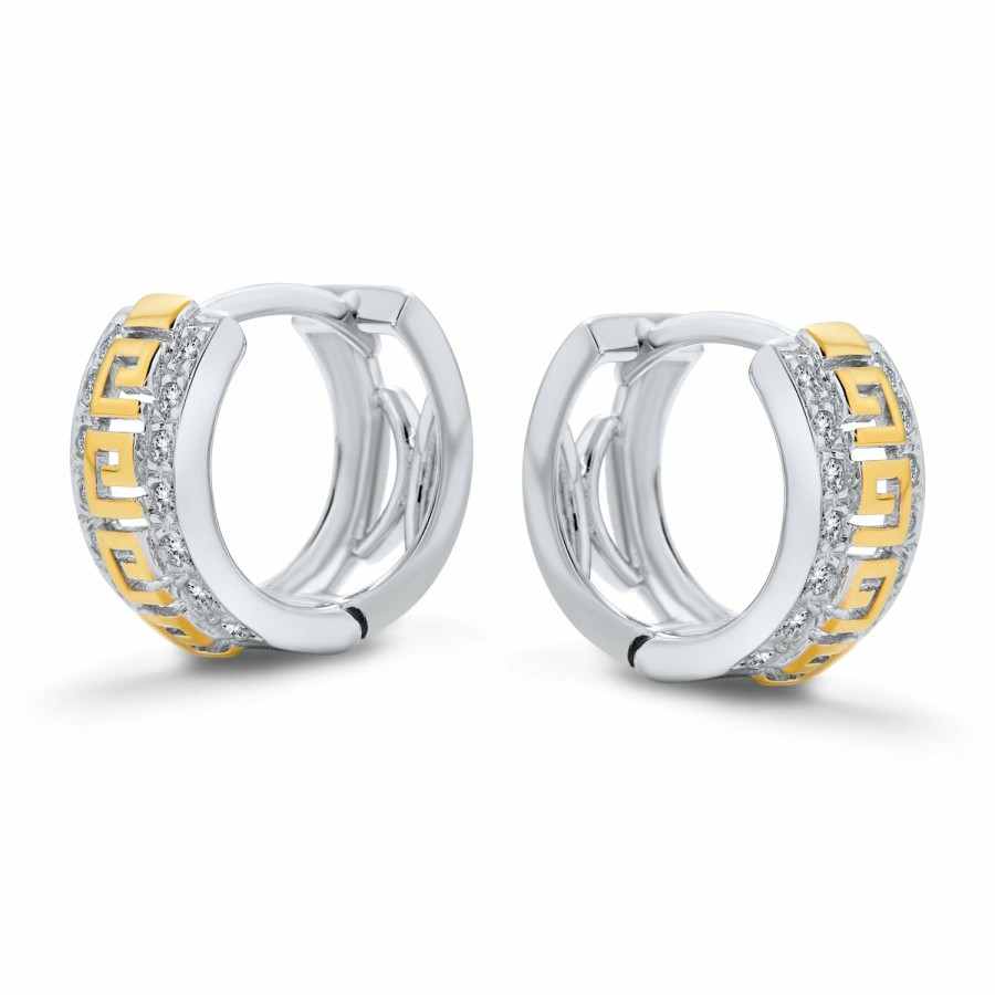 Shop Men Bling Jewelry Mens Earrings | Greek Key Hoop Earrings Cz Gold Plated .925 Sterling Silver