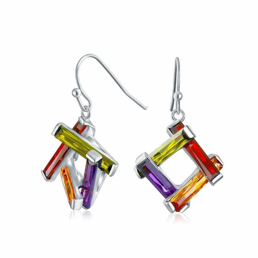 Shop Women Bling Jewelry Dangle Drop Earrings | Colorful Cz Geometric Criss Cross Square Dangle Earrings