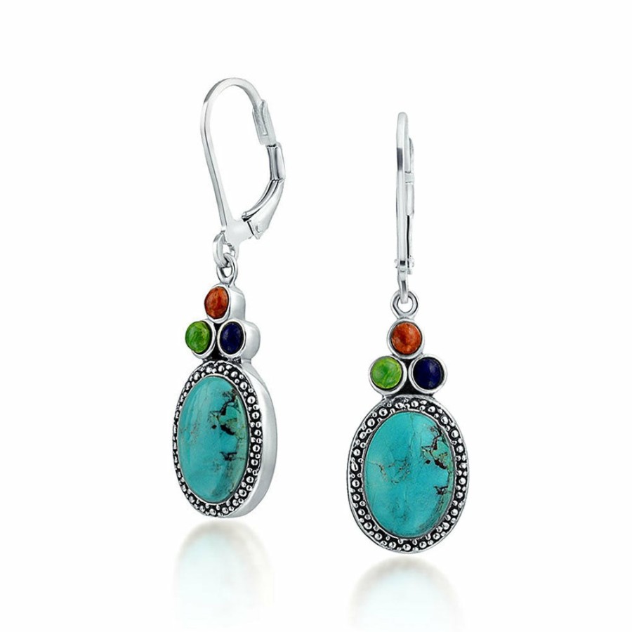 Shop Women Bling Jewelry Dangle Drop Earrings | Multi Stones Turquoise Oval Lapis Dangle Earrings Sterling Silver