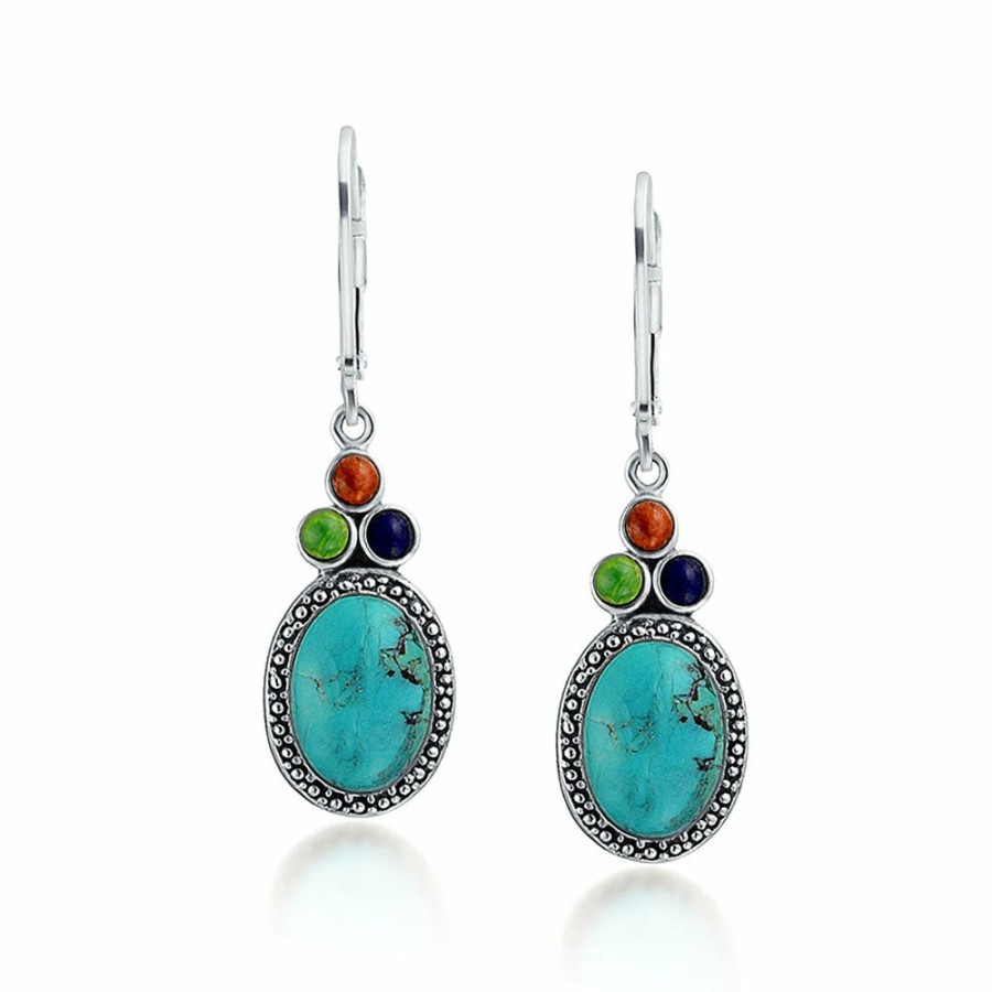 Shop Women Bling Jewelry Dangle Drop Earrings | Multi Stones Turquoise Oval Lapis Dangle Earrings Sterling Silver