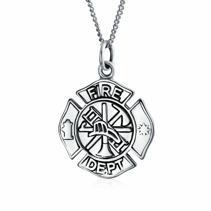 Shop Women Bling Jewelry Pendant Necklaces | Firefighter Fire Shield Medallion Cross Pendant .925 Sterling Silver