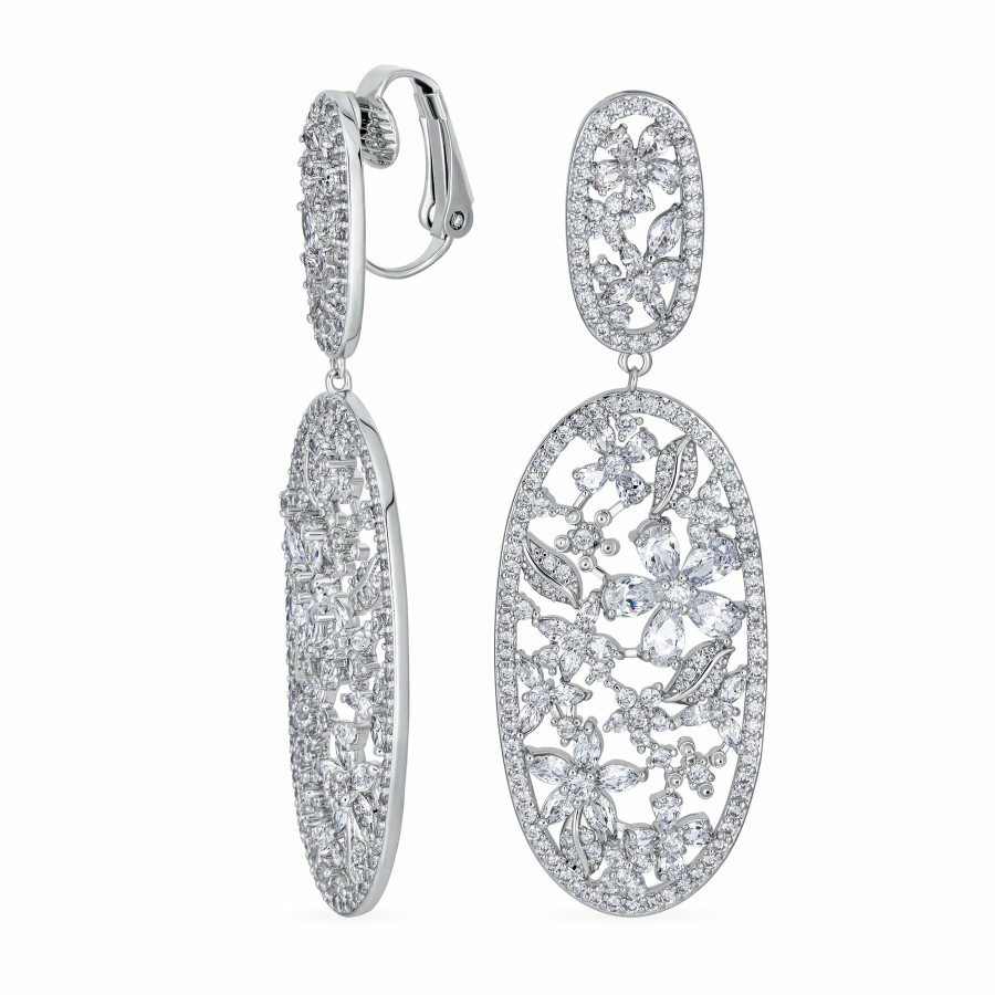 Shop Women Bling Jewelry Chandelier Earrings | Bridal Oval Flower Bouquet Chandelier Clip On Earrings Silver Plated