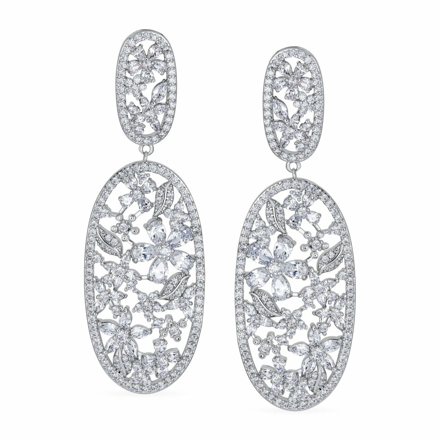 Shop Women Bling Jewelry Chandelier Earrings | Bridal Oval Flower Bouquet Chandelier Clip On Earrings Silver Plated