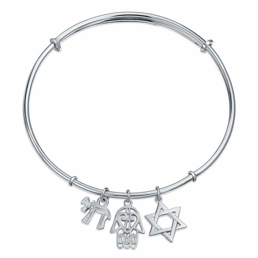 Shop Women Bling Jewelry Charm Bracelets | Jewish Star Hamsa Chai Charms Bangle Bracelet .925 Sterling Silver