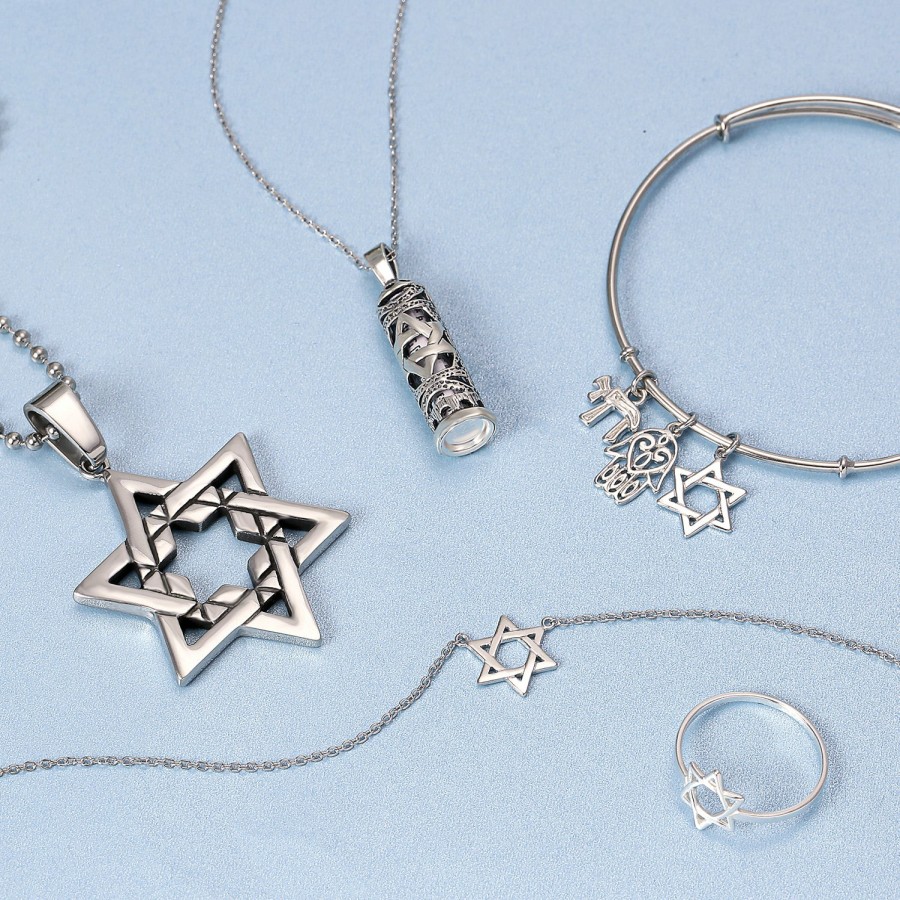 Shop Women Bling Jewelry Charm Bracelets | Jewish Star Hamsa Chai Charms Bangle Bracelet .925 Sterling Silver