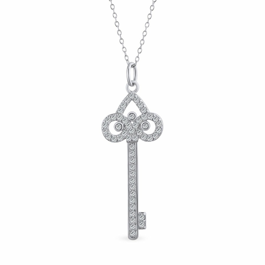 Shop Women Bling Jewelry Pendant Necklaces | Fleur De Lis Key Pendant Pave Cubic Zirconia Cz Silver Necklace