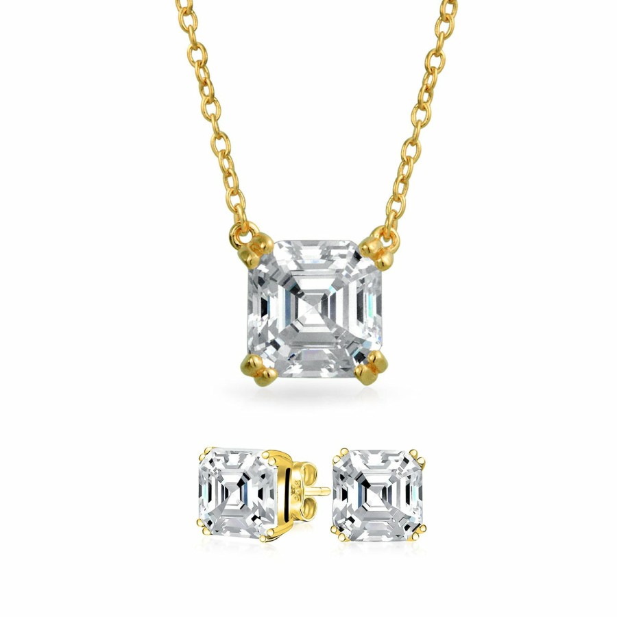 Shop Women Bling Jewelry Jewelry Sets | Jewelry Set Solitaire Square Asscher Cut Cz Erring Pendant .925 Silver