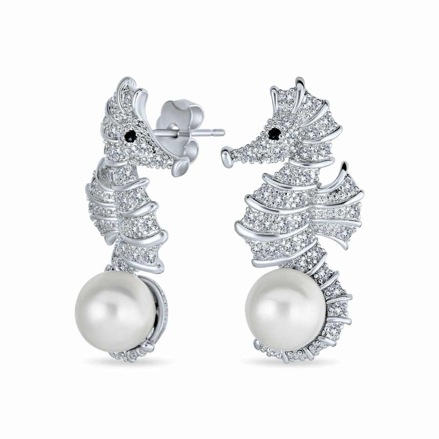 Shop Women Bling Jewelry Stud Earrings | Wedding Cz Seahorse White Imitation Pearl Earrings Silver Plated Brass