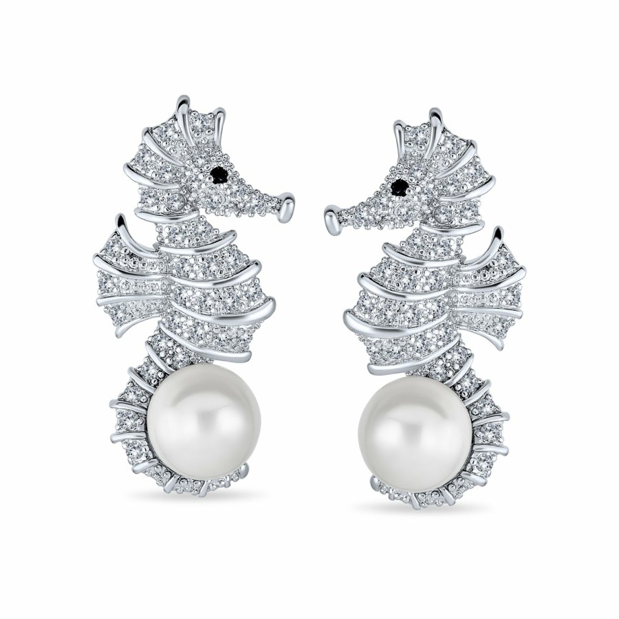 Shop Women Bling Jewelry Stud Earrings | Wedding Cz Seahorse White Imitation Pearl Earrings Silver Plated Brass