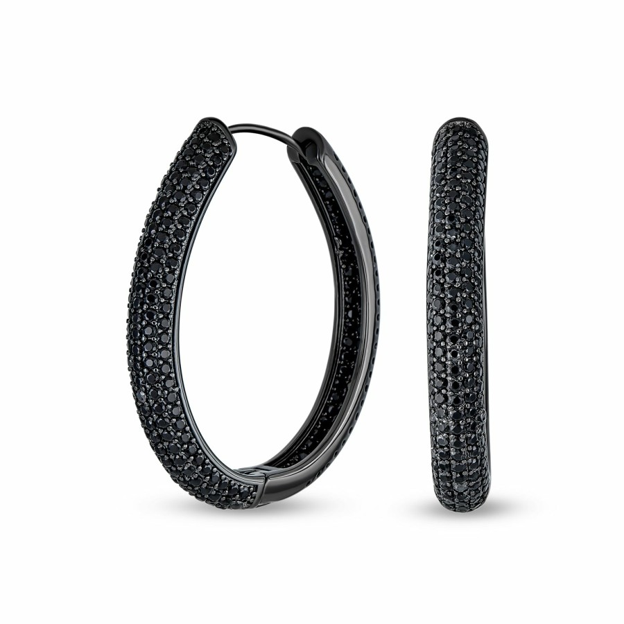 Shop Women Bling Jewelry Hoops Huggies Earrings | Large Black Pave Cz Oval Inside Out Hoops Earrings Prom Black Plated