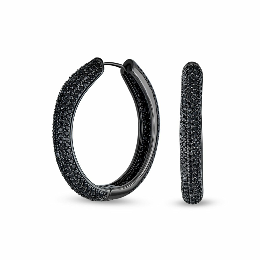 Shop Women Bling Jewelry Hoops Huggies Earrings | Large Black Pave Cz Oval Inside Out Hoops Earrings Prom Black Plated