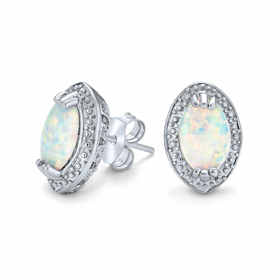 Shop Women Bling Jewelry Stud Earrings | Victorian Style Teardrop Oval Created Opal Stud Earrings .925 Silver